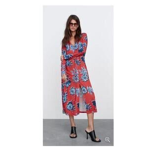 ZARA Red Floral Button-Down Midi Dress M — Cottagecore Coquette Wedding Guest